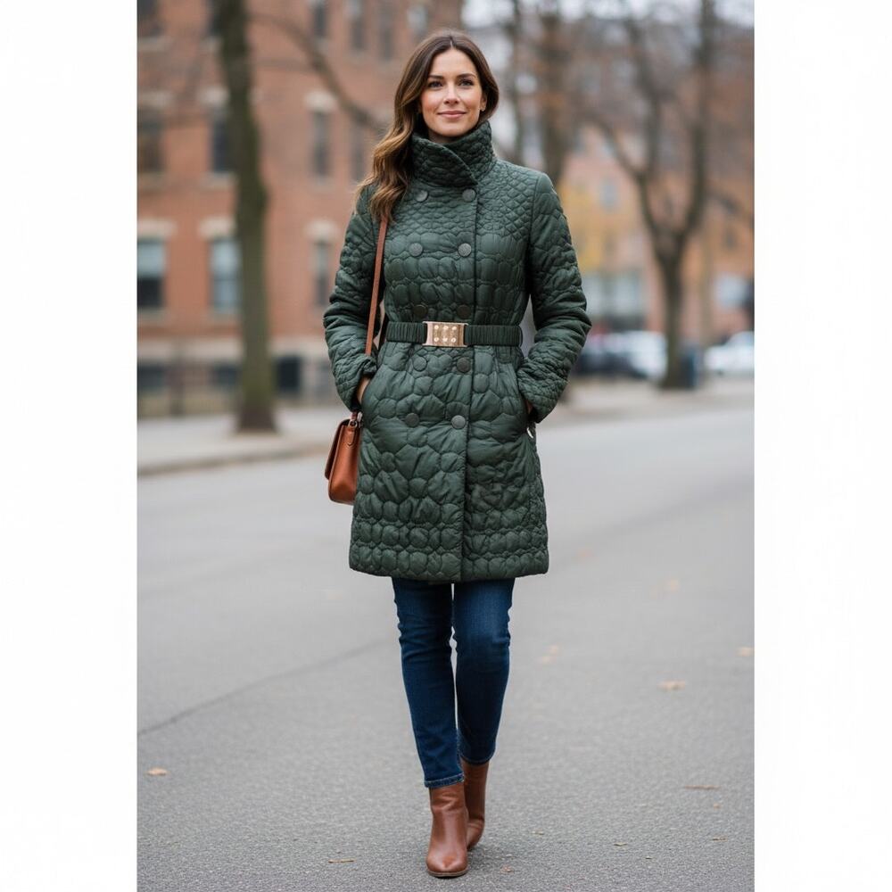 Sfizio Quilted Belted Coat Made in Italy Green Puffer Jacket 2 Double Breasted